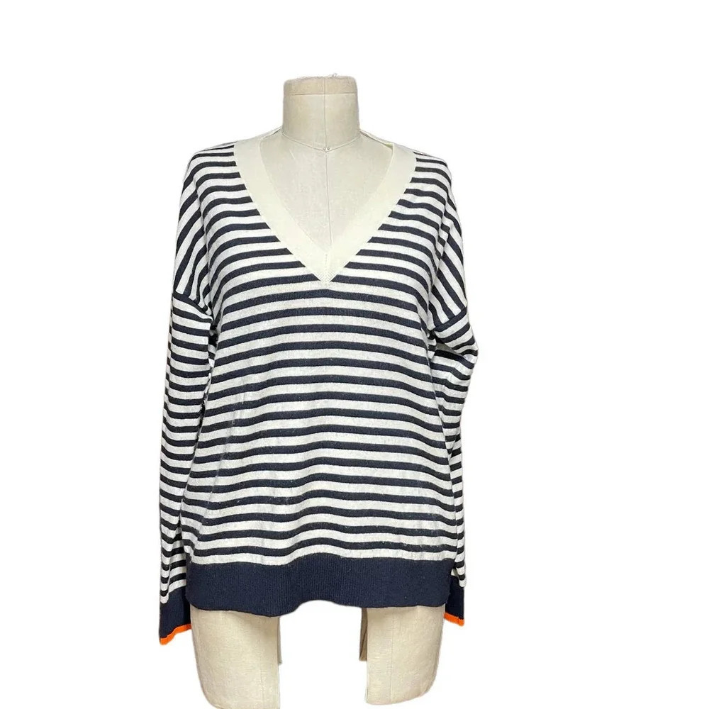 Chinti & Parker Navy Blue Cream Stripe V-Neck Wool Cashmere Sweater Size Medium